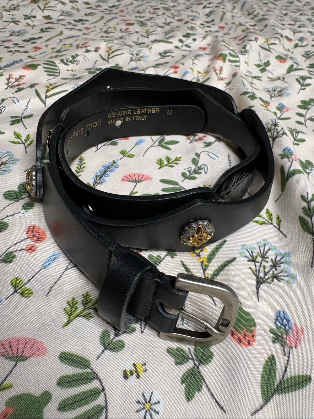 Martina Mori Black Genuine Leather Belt with Decorative Metal Studs